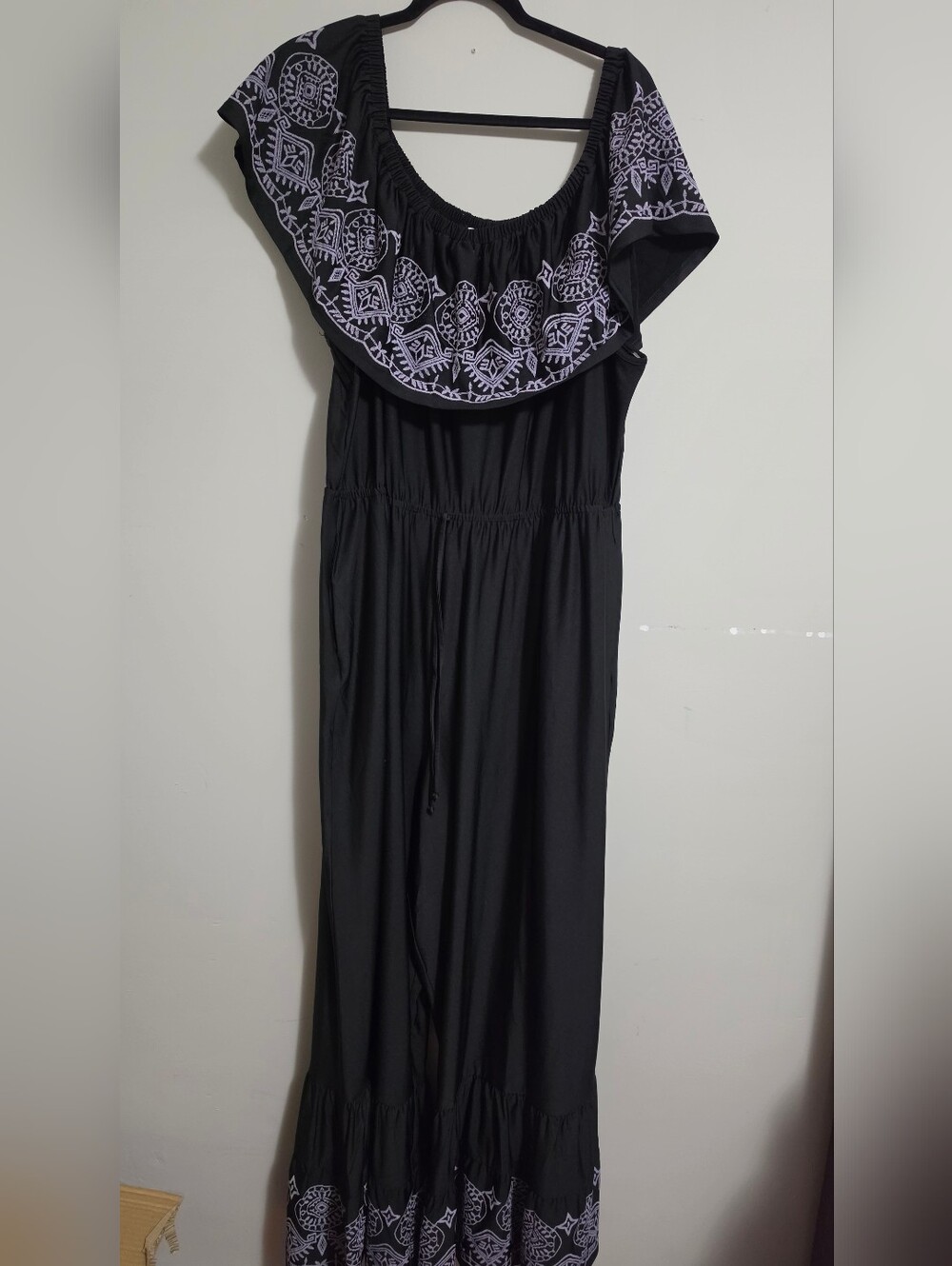 Wide Leg Cato Black Off The Shoulder Romper with Lavender Embroidery 26/28